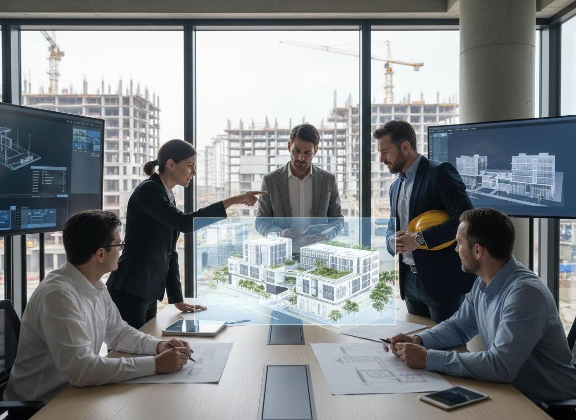 Architects and Engineers Reviewing Holographic Building Model
