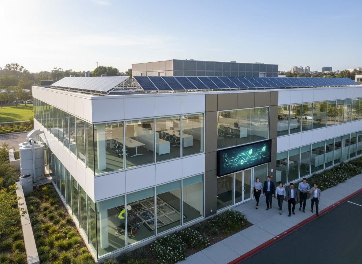 Modern Office Building with Rooftop Solar Panels and Business Team