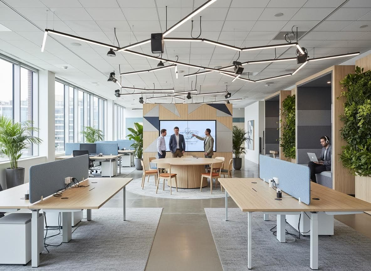 Modern Open-Plan Office with Collaborative Meeting Area and Green Acoustic Pods
