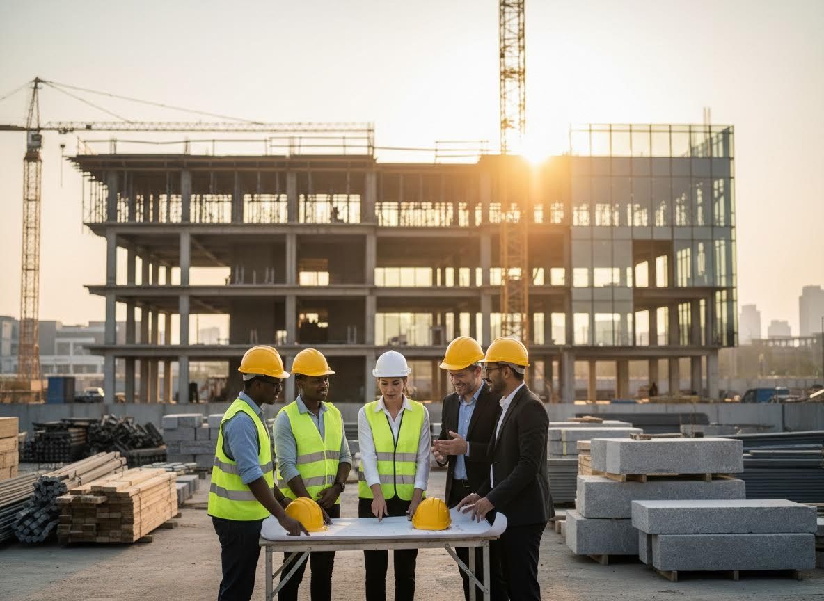 Diverse Construction Team Meeting at Sunset