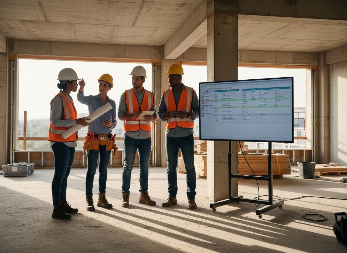 Construction Team Discussing Plans On-Site with Digital Display
