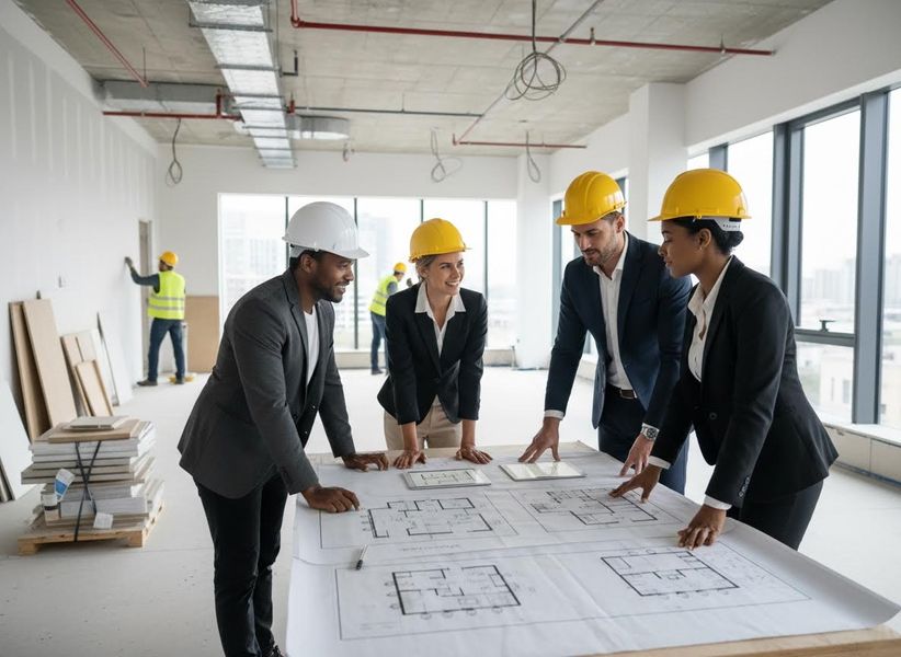 Diverse Architects Reviewing Blueprints on Construction Site