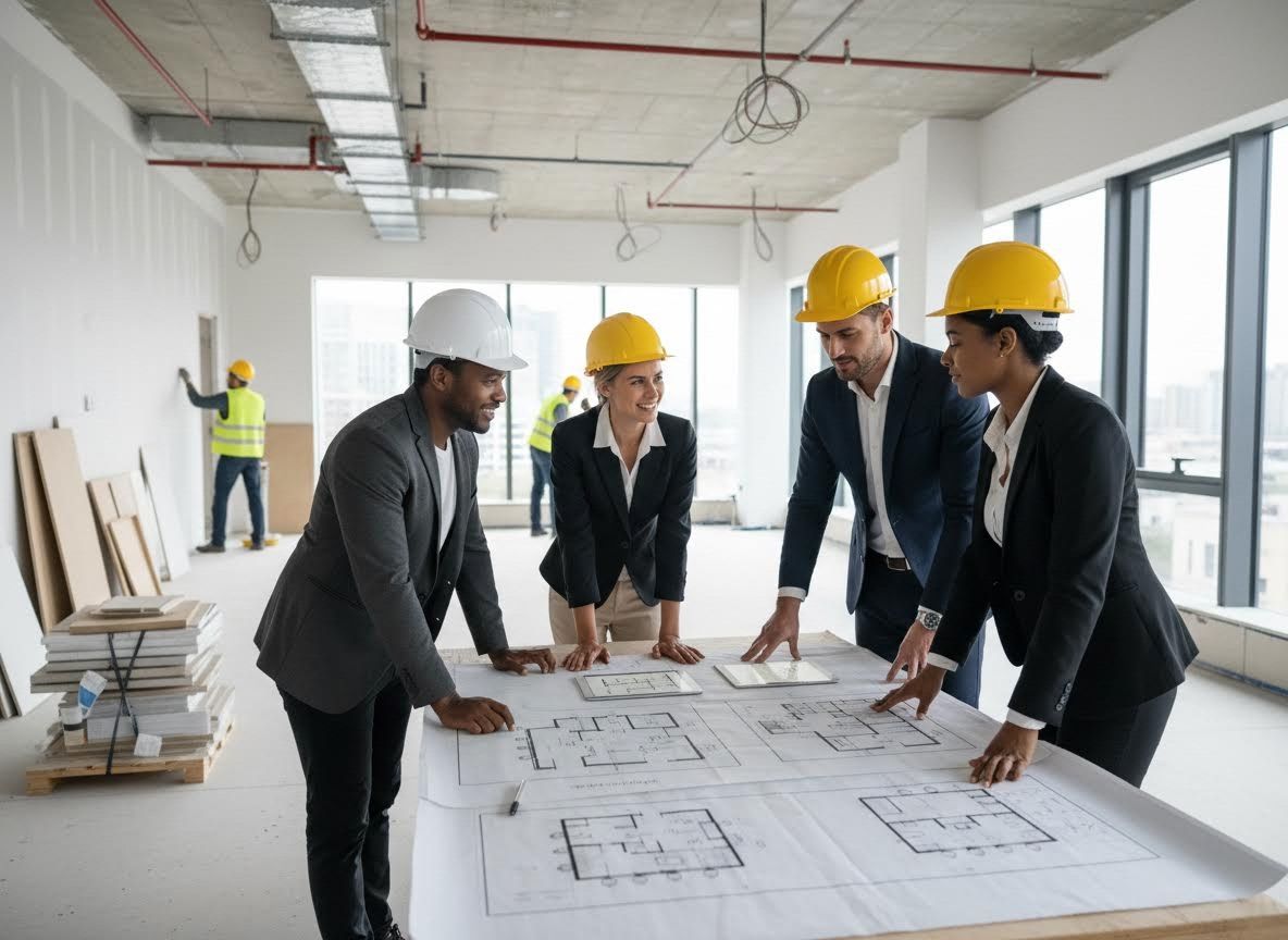 Diverse Architects Reviewing Blueprints on Construction Site