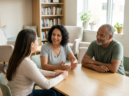 Three people talking around a table in a bright room