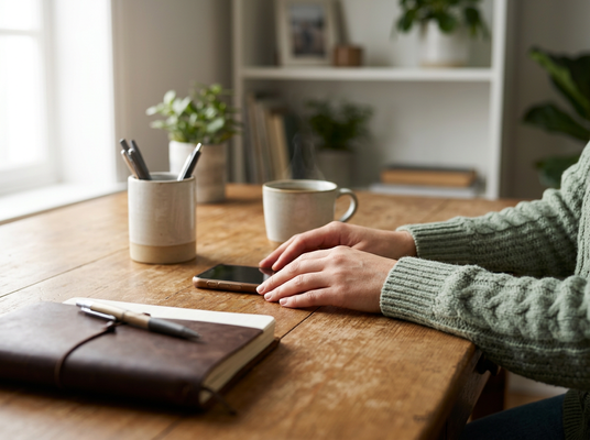Hands on table with smartphone, coffee, and journal