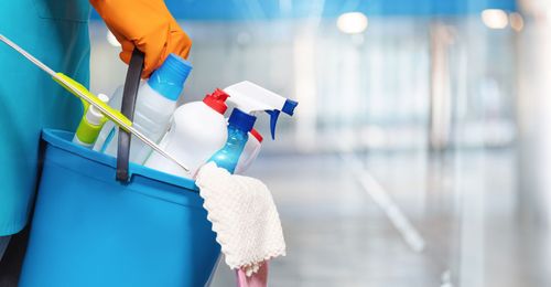 Person holds bucket of cleaning supplies