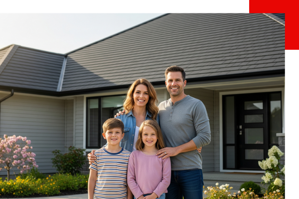 Family in front of a house