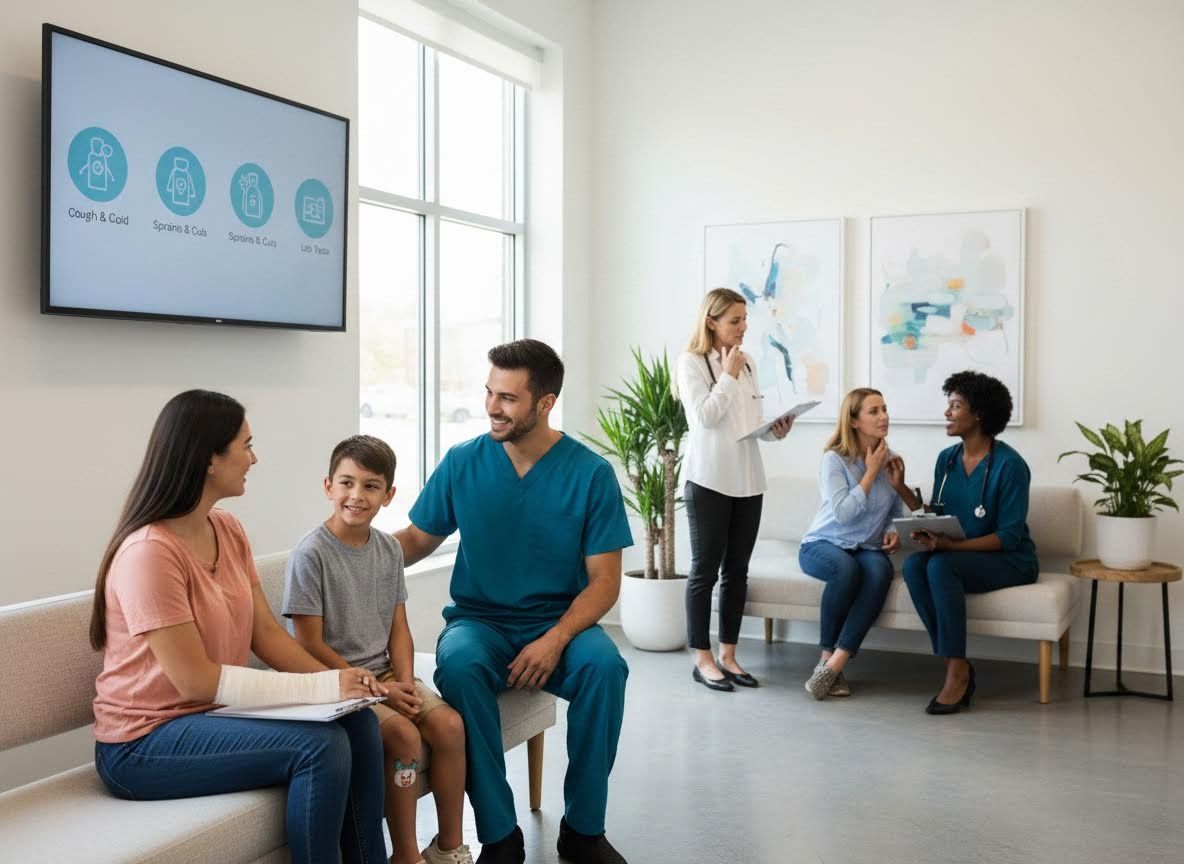 Diverse patients and staff in a modern urgent care clinic waiting room