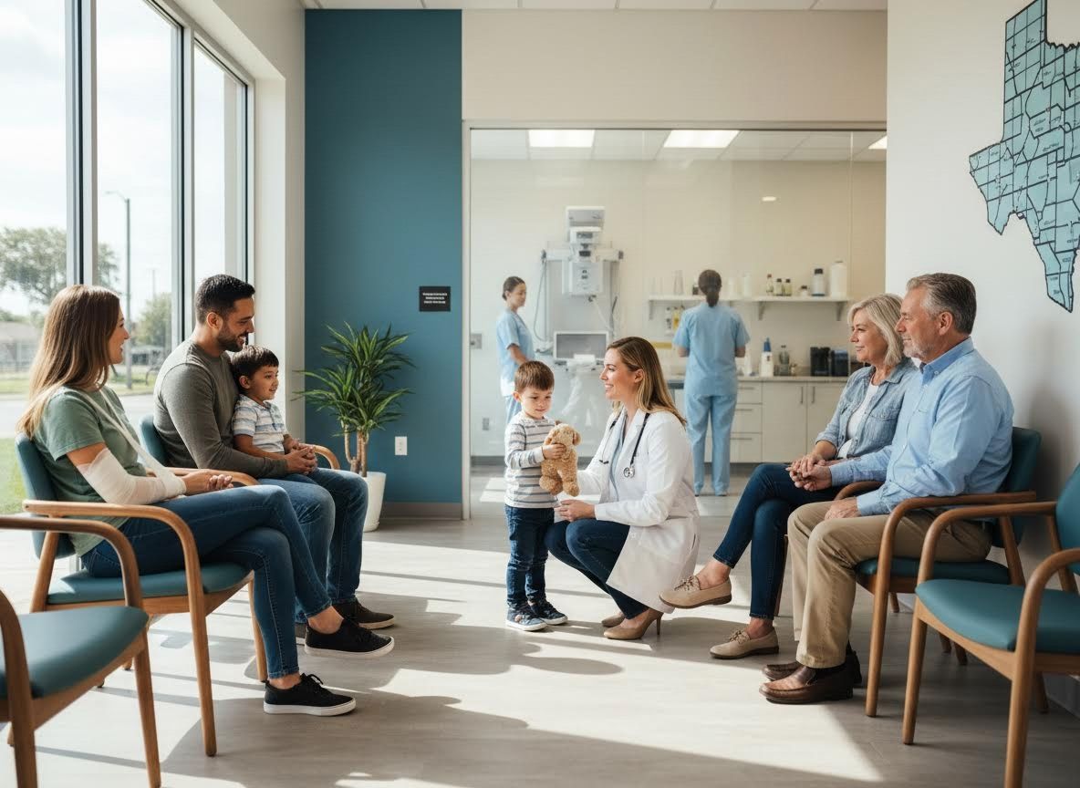 Doctor interacting with a child in a clinic waiting room