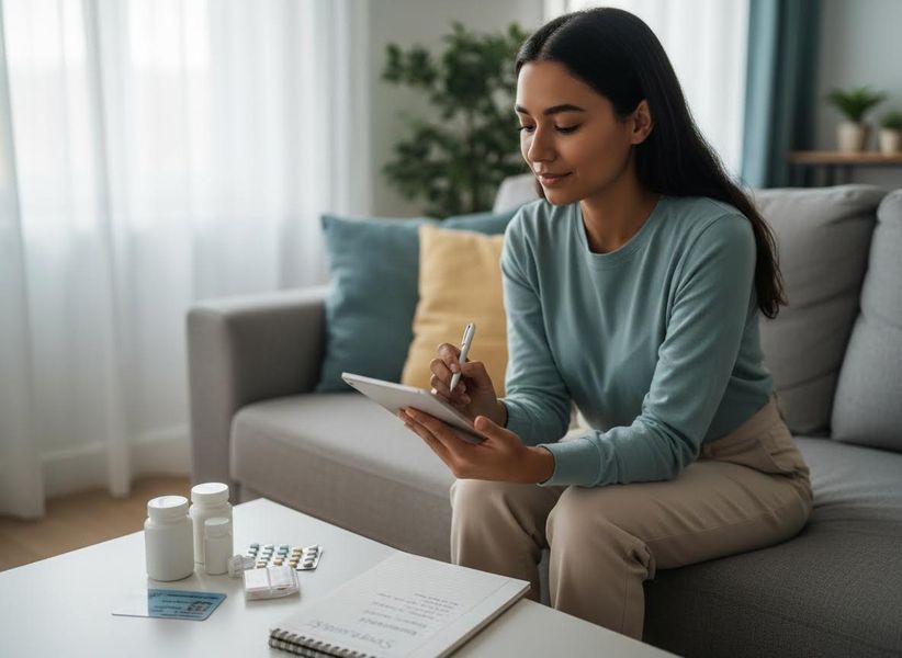 Woman using a tablet to manage medication at home