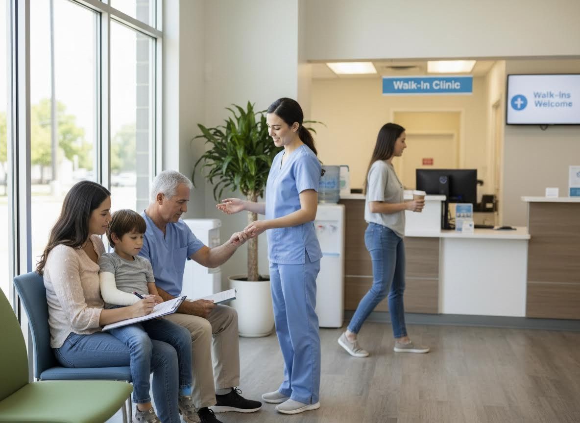 Family and Medical Staff in Walk-in Clinic Waiting Room