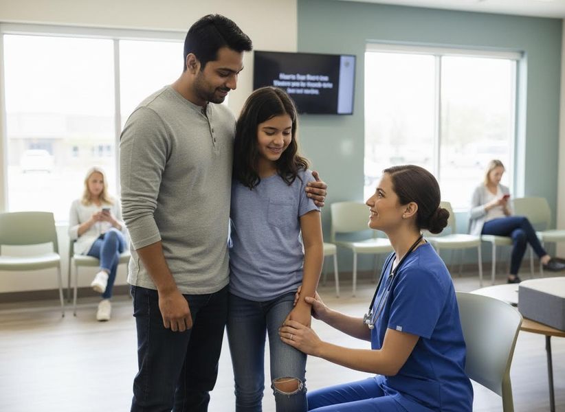 Nurse speaks with girl and father in clinic waiting room