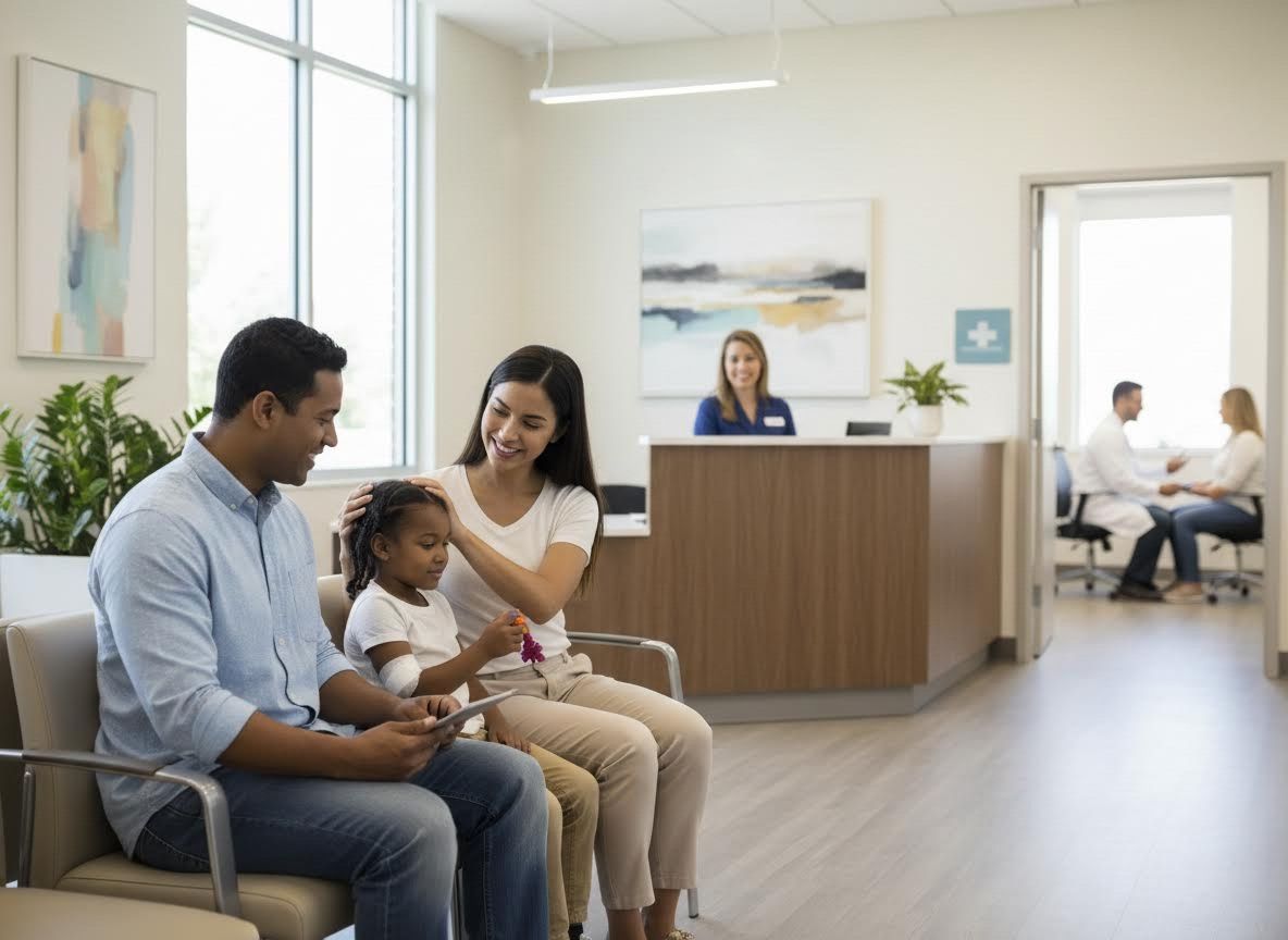 Family in modern clinic waiting room