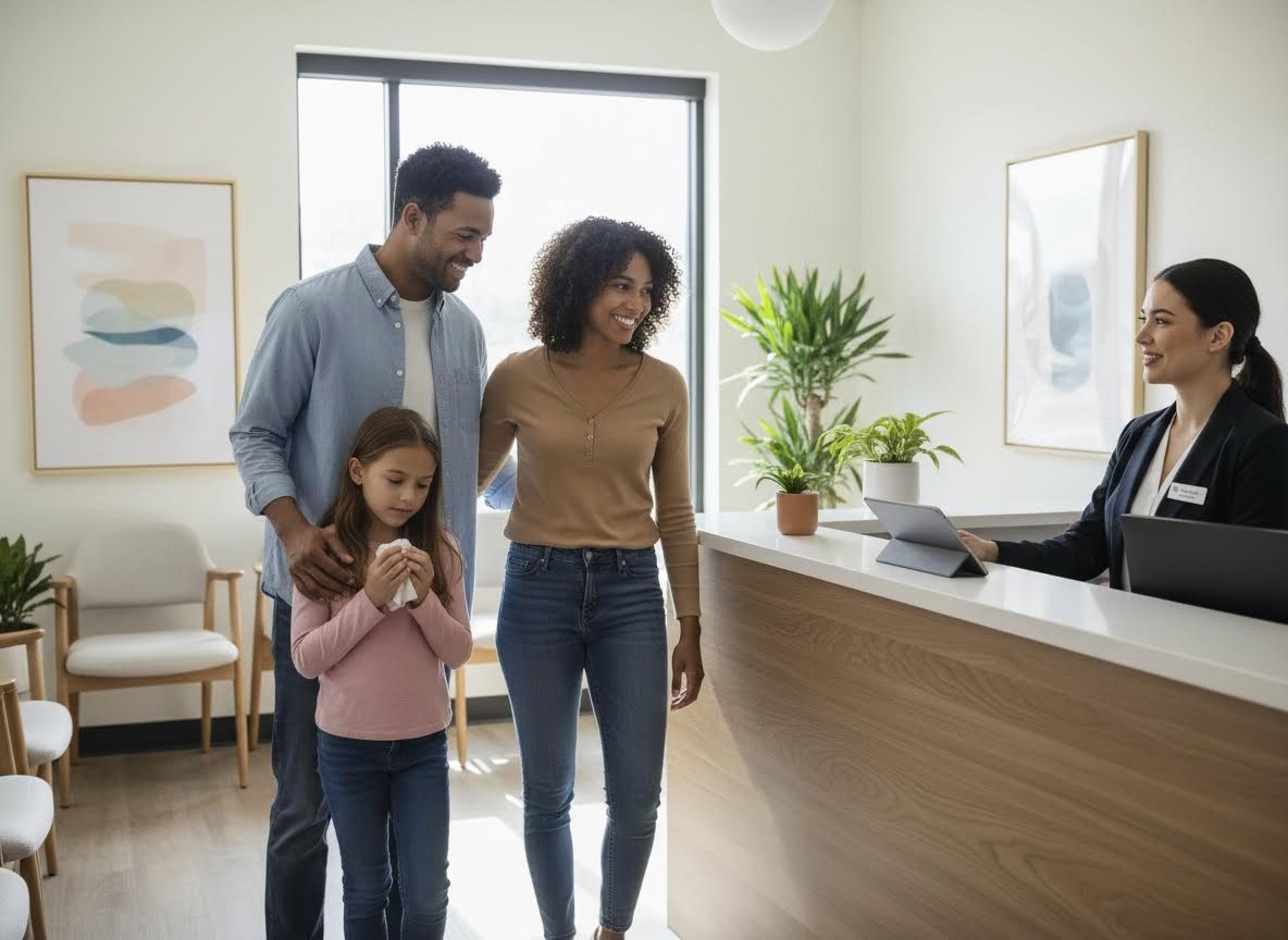 Family with young girl holding tissue checking in at a clinic reception desk