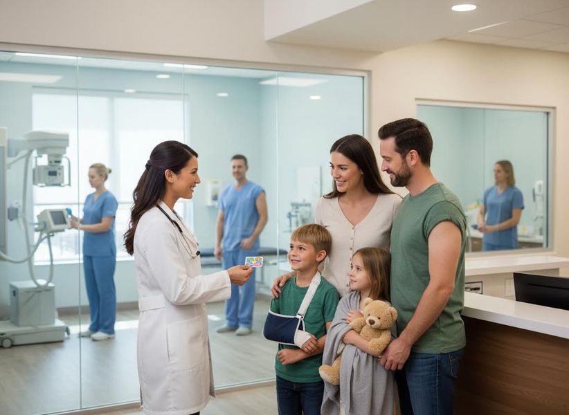 Doctor greets family with injured child in modern clinic