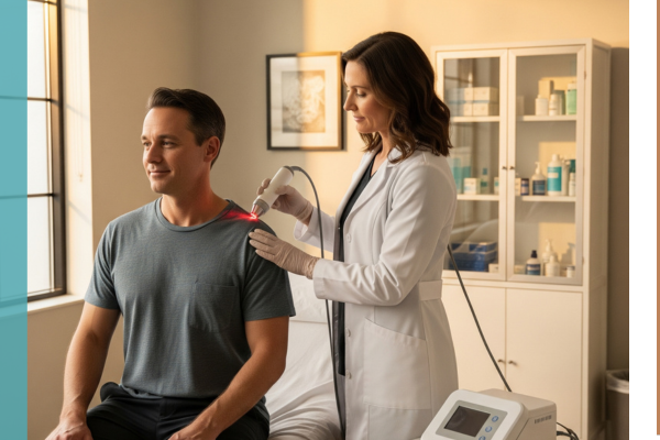 A patient receiving advanced cold laser therapy from a Total Health and Injury Specialist practitioner. A patient receiving advanced cold laser therapy from a Total Health and Injury Specialist practitioner.