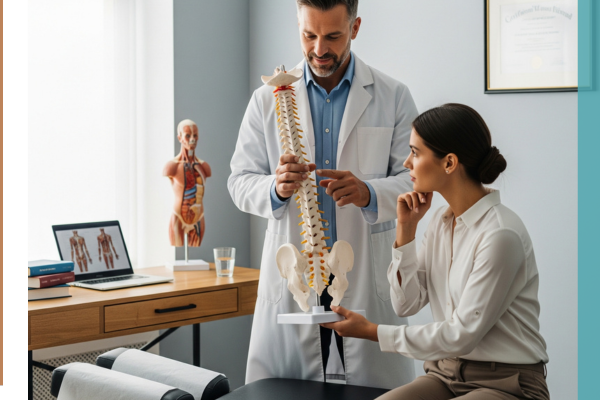 A chiropractor demonstrating a spinal adjustment on an anatomical model to a patient.