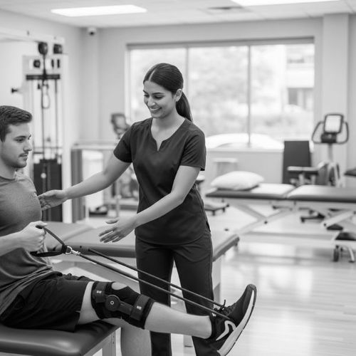 A patient receiving dedicated care from an injury specialist for a sports-related injury. A patient receiving dedicated care from an injury specialist for a sports-related injury.