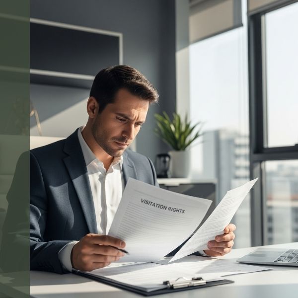 A person with short, dark hair, wearing a suit, thoughtfully reviewing legal documents related to visitation rights in a modern, sunlit office. A person with short, dark hair, wearing a suit, thoughtfully reviewing legal documents related to visitation rights in a modern, sunlit office.
