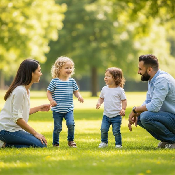 A family playing together in a park, representing the well-being of children during family transitions. A family playing together in a park, representing the well-being of children during family transitions.