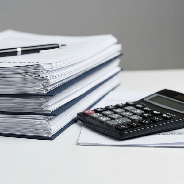 Financial documents, a calculator, and coins, representing asset and debt division during divorce. Financial documents, a calculator, and coins, representing asset and debt division during divorce.