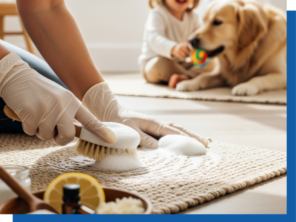 using an eco-friendly product on carpet next to kid and dog