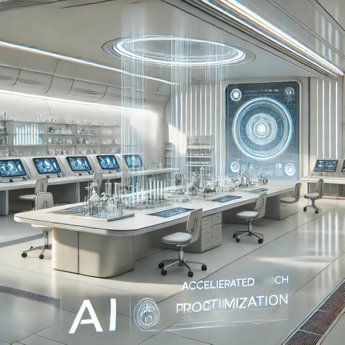 DALL·E 2024-10-11 22.19.19 - A minimalist futuristic laboratory scene representing accelerated research, where AI-driven process optimization significantly reduces experiment time.jpg