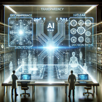 DALL·E 2024-10-11 03.33.44 - A futuristic laboratory scene portraying transparency in AI operations. Holographic displays showcase clear decision-making processes of AI systems, w.jpg