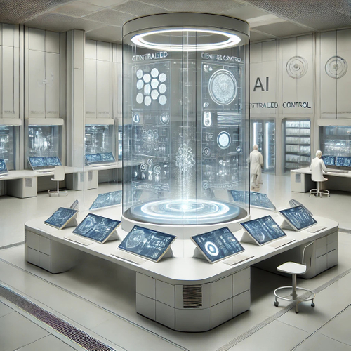 DALL·E 2024-10-11 22.19.15 - A minimalist futuristic laboratory scene representing centralized control, where scientists manage multiple lab processes from a single, AI-powered in.jpg