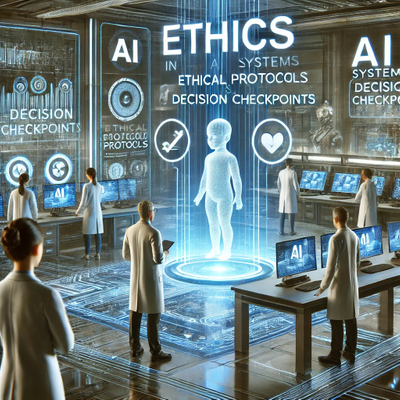 DALL·E 2024-10-11 03.33.56 - A futuristic laboratory scene representing ethics in AI operations. The image shows scientists working alongside AI systems, ensuring that decisions a.jpg