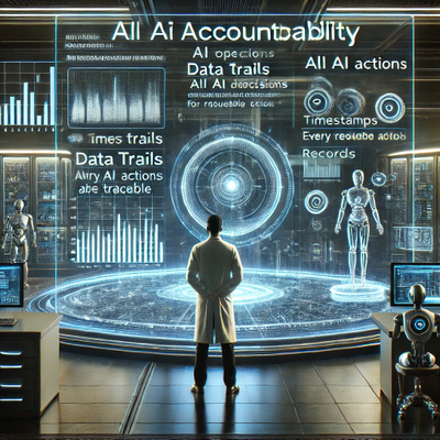 DALL·E 2024-10-11 03.33.58 - A futuristic scene representing accountability in AI operations. Holographic displays show detailed data trails and records of AI decisions, with time.jpg