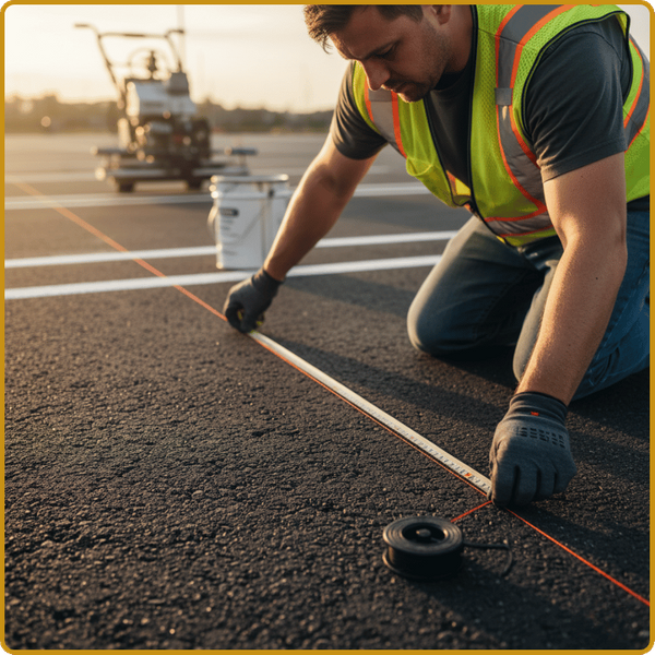 A worker kneeling down, running a chalk line or measuring tape across pavement before applying paint, emphasizing the meticulous measurement and layout process for restriping.