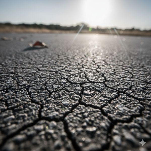 An extreme close-up, low-angle shot of severely cracked and dry asphalt under a bright, harsh sun, symbolizing heat damage.	