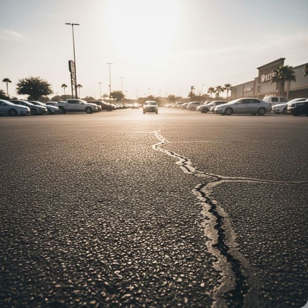 A low-angle shot of a large, busy commercial parking lot with a long crack running down the middle, illustrating high-traffic wear.	