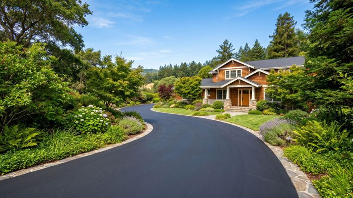 Wide view of a newly finished black asphalt driveway at a Santa Cruz residence with beautiful landscaping.