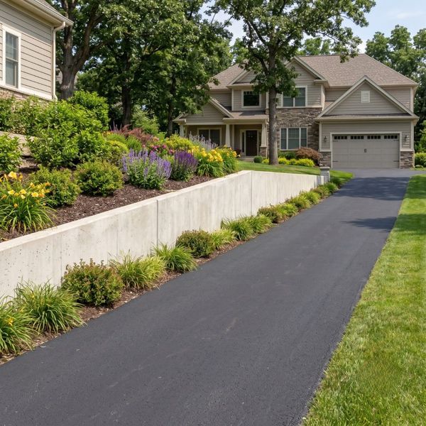 Smooth, long-lasting concrete retaining wall alongside a residential driveway showing solid craft.