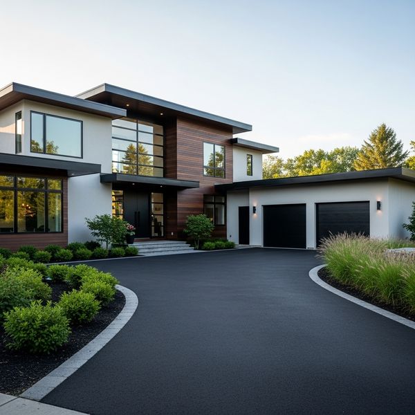 A clean, dark asphalt driveway perfectly complements the exterior of a stylish, modern house.