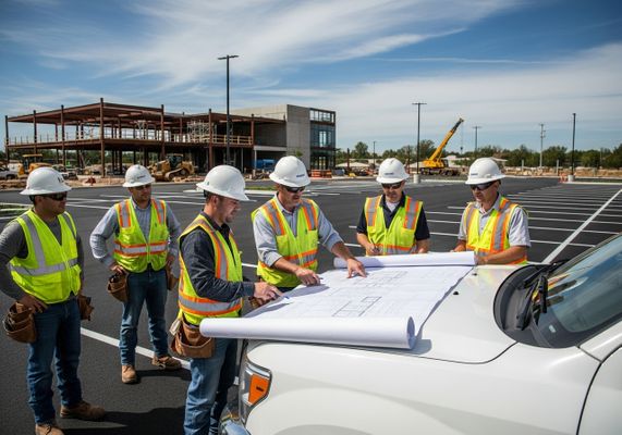 Construction workers review project plans on a large, new asphalt parking lot.