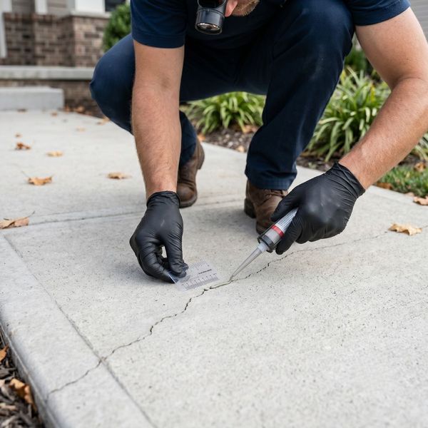 Professional filling a small crack in a concrete walkway