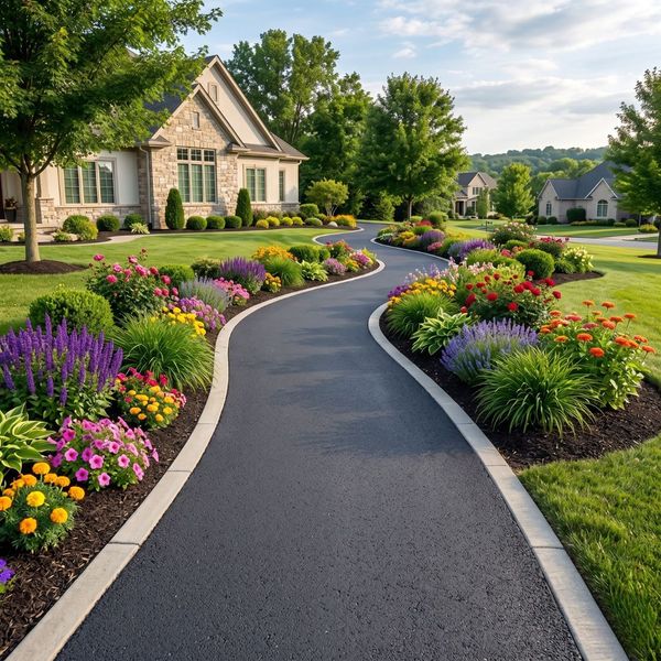 Newly paved asphalt walkway integrated into a lush residential garden with clean edges and durable construction.