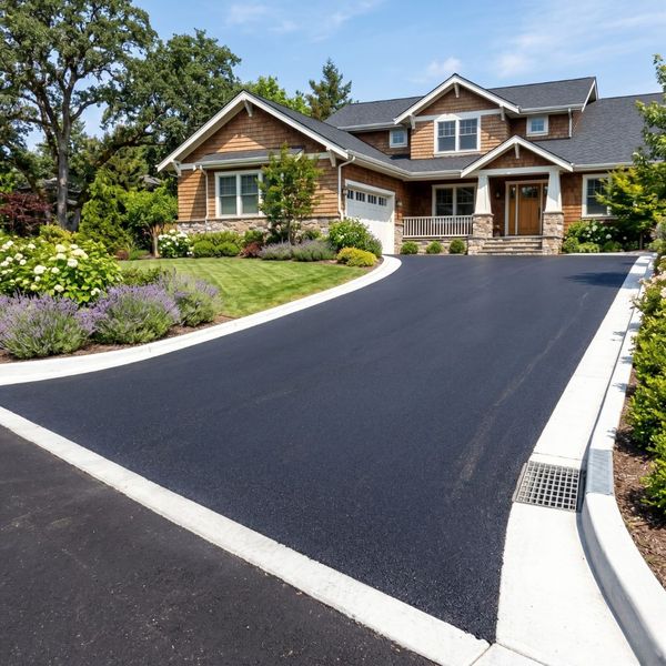 Finished residential asphalt driveway showing perfect leveling and drainage on a sunny day.