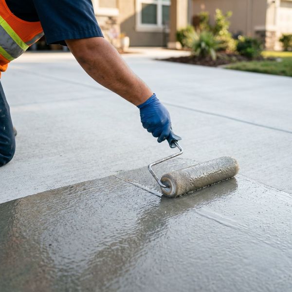 Applying a specialized protective sealant to a concrete surface to prevent stains and damage.