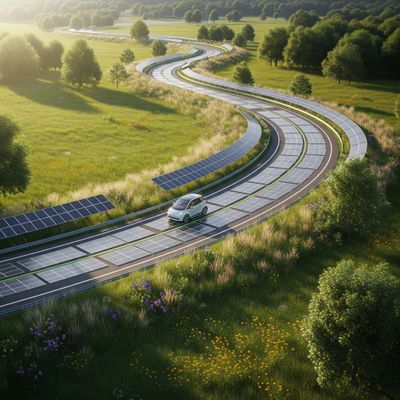 A modern, eco-friendly road winding through a lush green landscape, symbolizing the harmony between construction and nature. ft image.jpeg