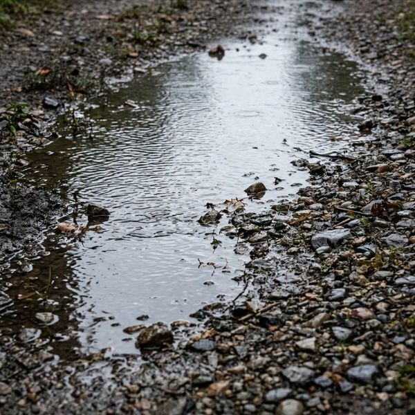 Heavy pooling water collecting on uneven gravel ground after rainstorm