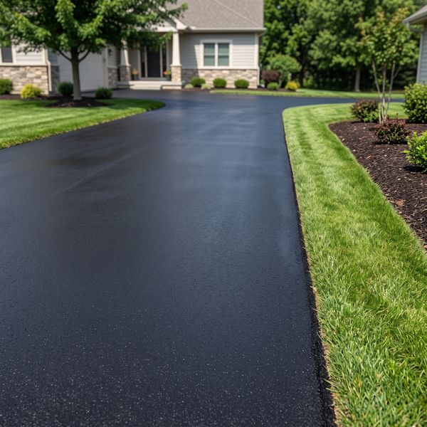 Newly applied protective asphalt sealcoat with a uniform dark sheen and sharp grass edges.