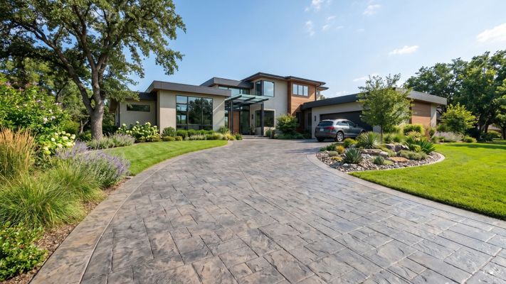 A beautiful, expansive stamped concrete driveway leading to a home, showcasing durable materials.