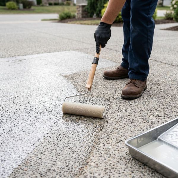 Applying a clear protective sealant to a concrete driveway surface