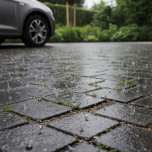 Rainwater naturally draining through a modern permeable paver driveway system. Rainwater naturally draining through a modern permeable paver driveway system.