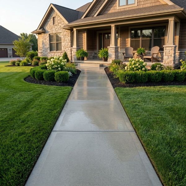 Beautifully sealed concrete walkway leading through a manicured front yard to a porch.