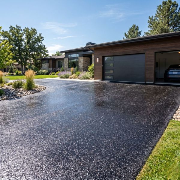 Sunlight reflecting off a freshly paved asphalt driveway next to a modern residential garage.
